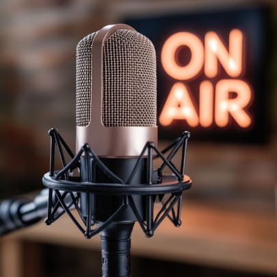 podcast mic with on air in the background