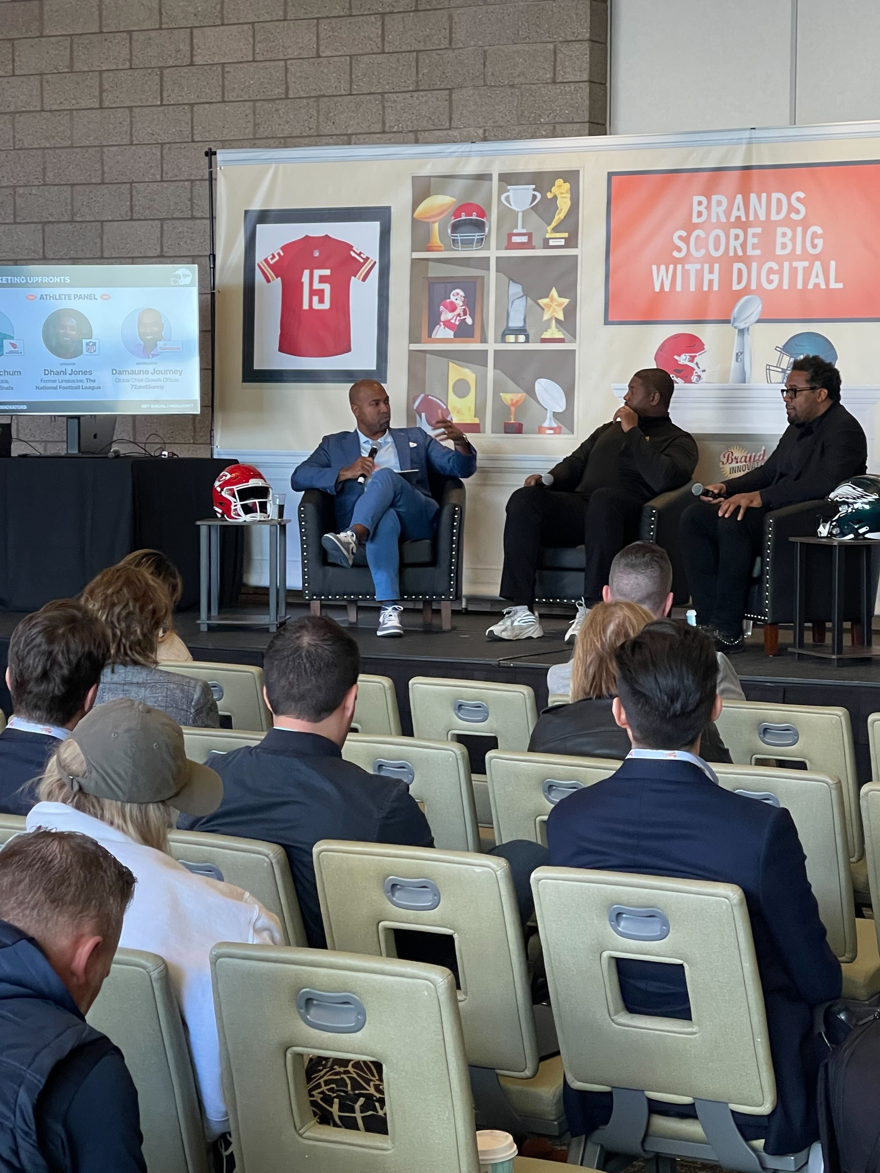 Photo of Kelvin Beachum, Offensive Tackle, Arizona Cardinals, Dhani Jones, Former Linebacker, The National Football League, Moderated by: Damaune Journey, Global Chief Growth Officer, 72andSunny